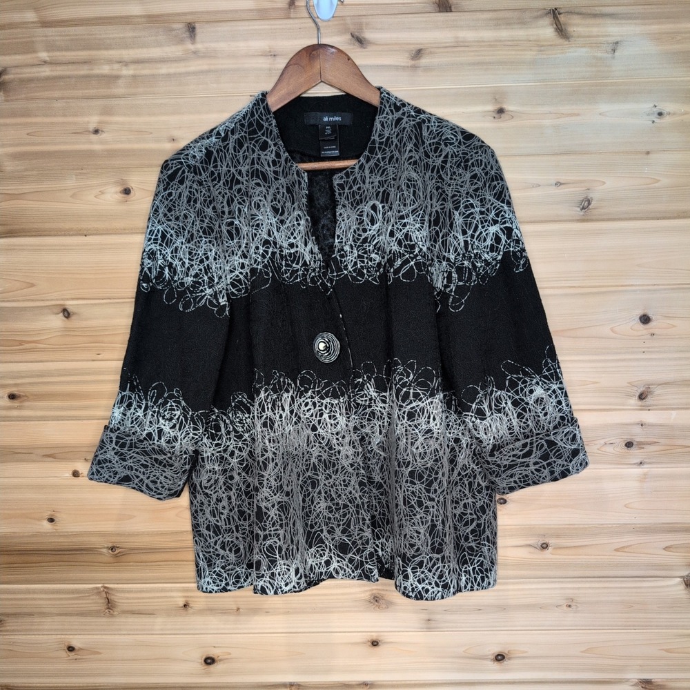 Ali Miles Womens‎ PXL Black White Abstract Scribble Textured Button Front Jacket